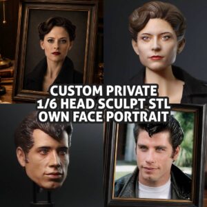 Custom private 1/6 head sculpt STL own face portrait commission by sculptor Carlo EzOneSixth Voigt, created for resin 3D printing and collectible figures.